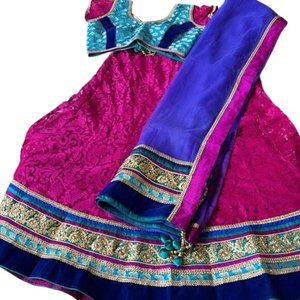 Vibrant Pink and Blue Lehenga with Intricate Embroidery and Zari Work